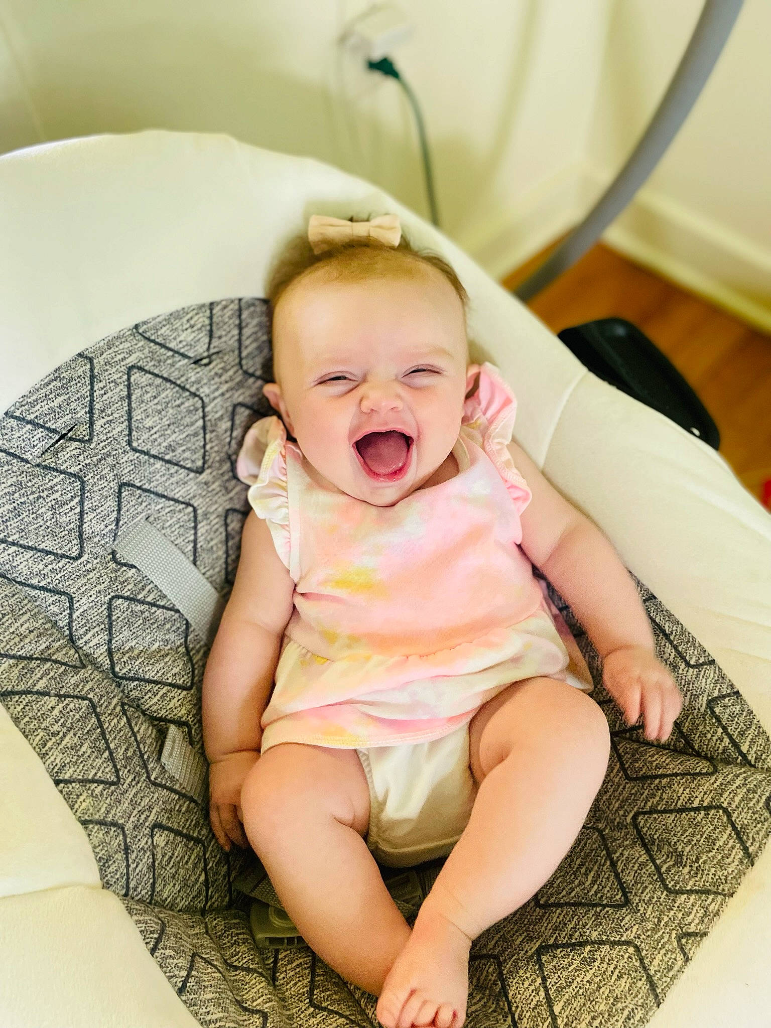Lilyana joined the competition — help win amazing prizes! baby, baby_toddler_clothing, chair, child, comfort, couch, eye, flash_photography, floor, flooring, happy, human_leg, iris, linens, mouth, pattern, person, skin, smile, thigh