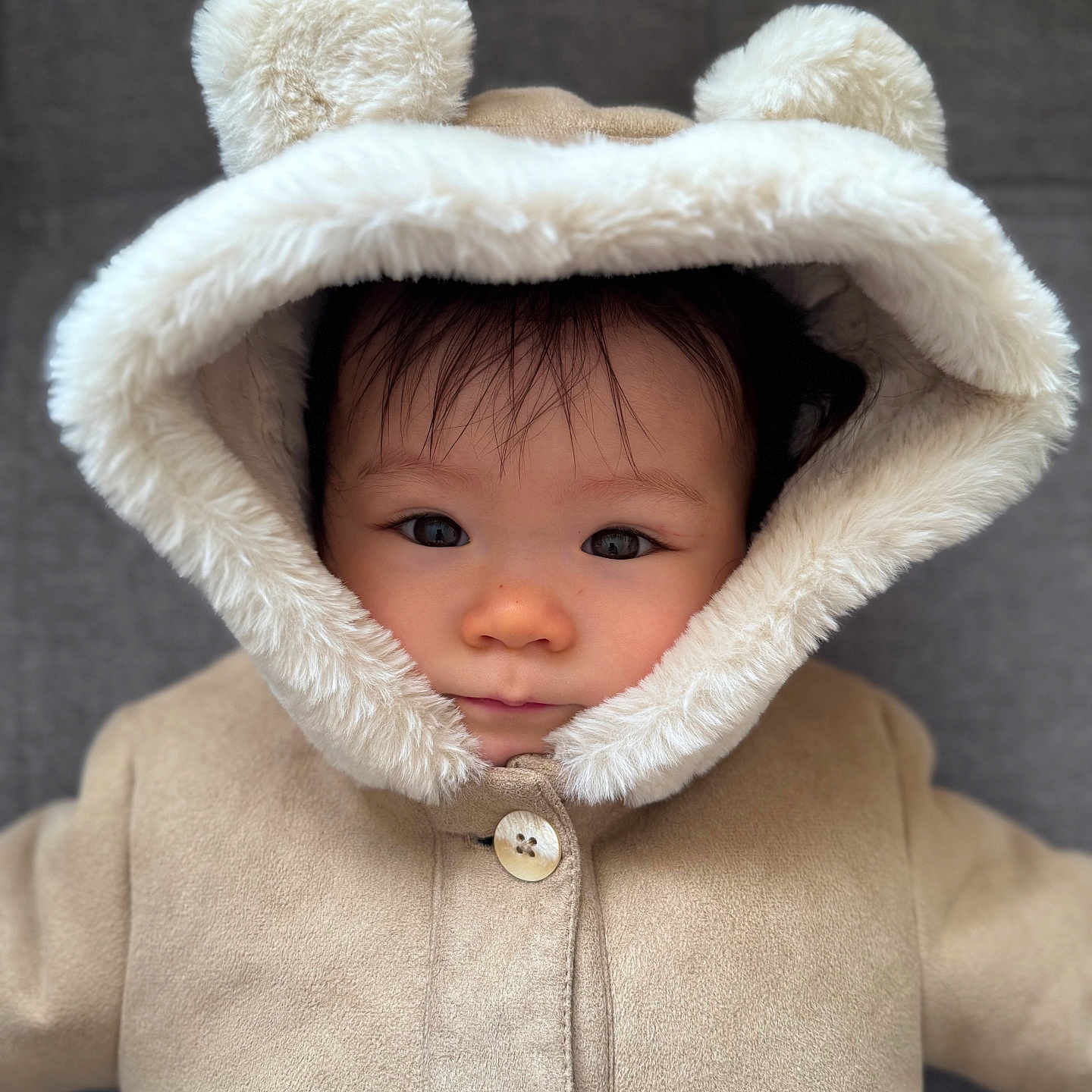 Meï-Linh a rejoint le concours — aidez-le/la à gagner de superbes lots ! baby, child, coat, hood, fur, ears, cute, face, portrait, warm_clothing, button, infant, looking, soft_texture, curious, indoor, person, young, closeup, adorable