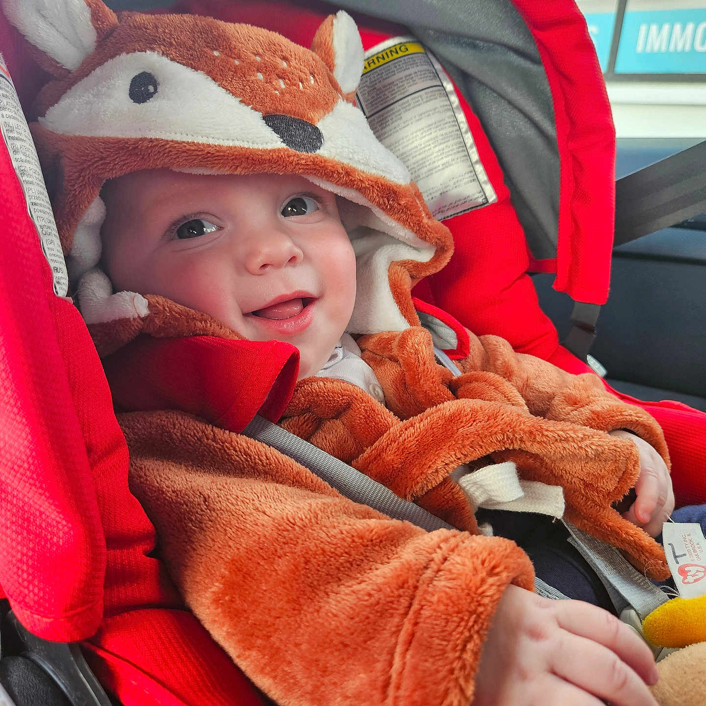 Lucas participe au concours pour gagner de l'argent avec cette photo : baby, car, car_seat, child, clothing, costume, cute, face, fox, fuzzy, hand, happy, hood, indoors, infant, portrait, red, seatbelt, smiling, young
