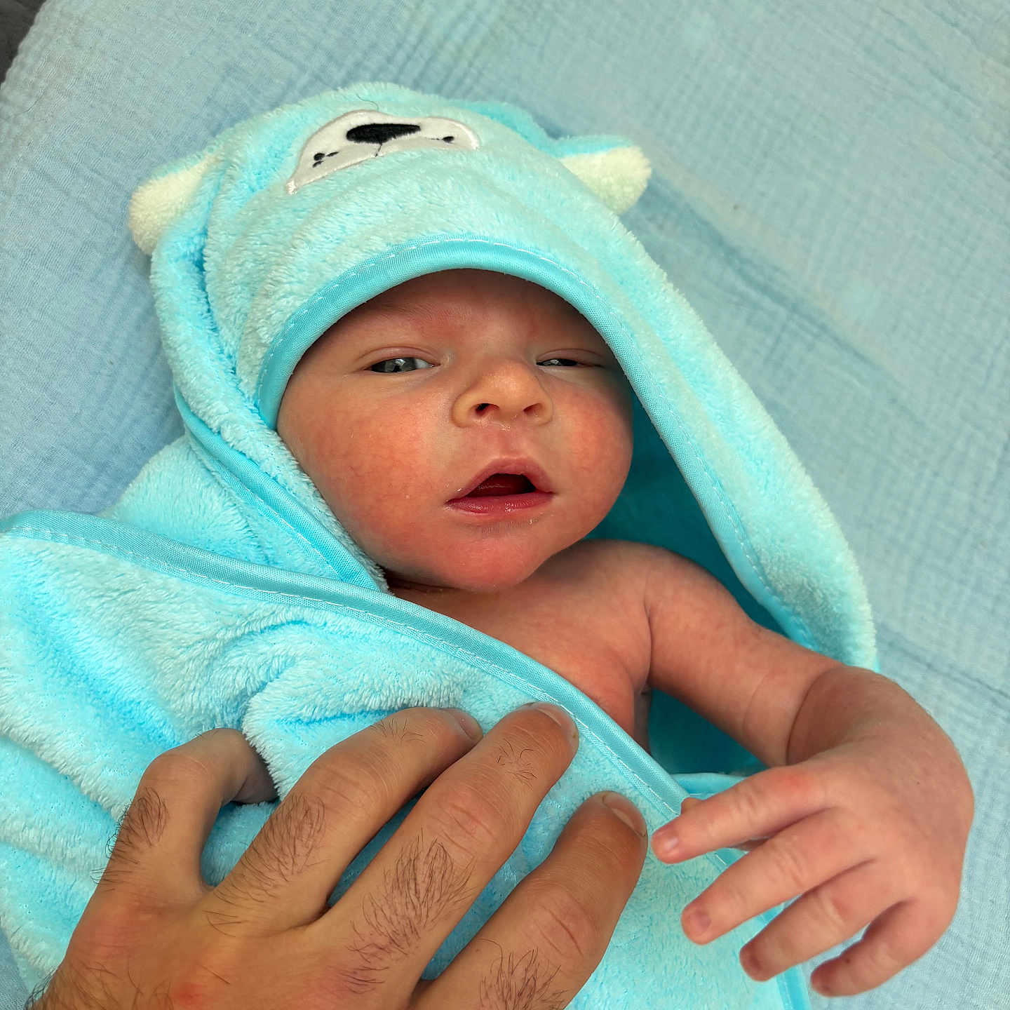 Ayden a rejoint le concours — aidez-le/la à gagner de superbes lots ! baby, bear_hood, blanket, blue_towel, child, closeup, comfort, cozy, cute, hand, human, infant, newborn, portrait, protection, skin, sleepy, soft_texture, towel, wrapped