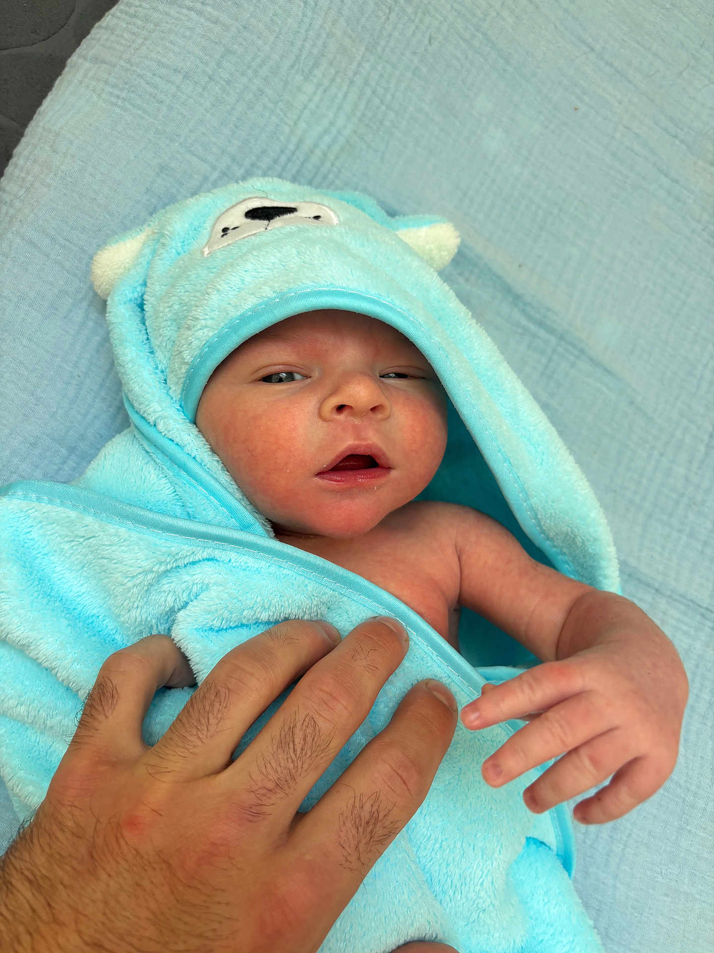 Ayden a rejoint le concours — aidez-le/la à gagner de superbes lots ! baby, infant, blue_towel, bear_hood, hand, skin, sleepy, cozy, soft_texture, protection, newborn, cute, wrapped, human, portrait, child, blanket, closeup, comfort, towel
