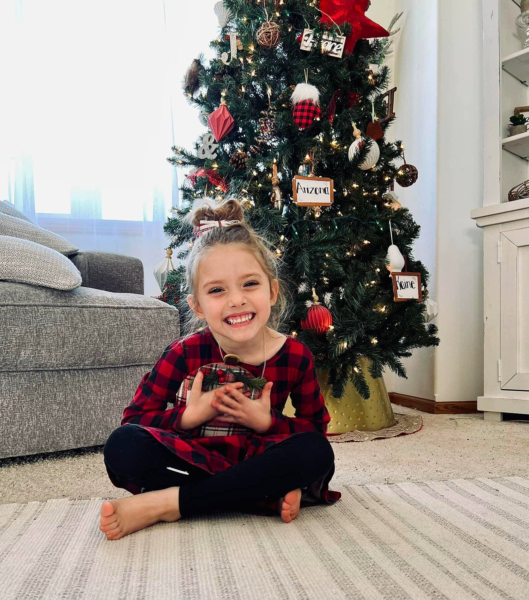 Arizona is registered to the contest to win money with this photo: christmas_decoration, christmas_ornament, christmas_tree, event, evergreen, flooring, happy, holiday, holiday_ornament, joy, leaf, ornament, person, plant, red, smile, standing, toddler, travel, tree