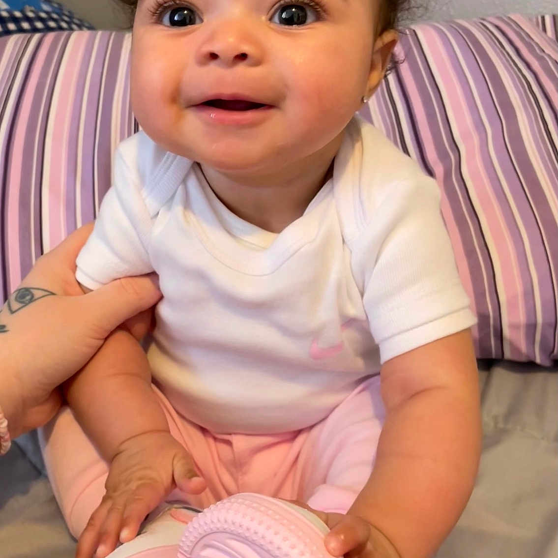 Londan joined the competition — help win amazing prizes! baby, bodypart, clothing, couch, cushion, face, finger, furniture, hand, happy, head, homedecor, indoors, person, photography, pillow, portrait, sitting, sleeve, smile