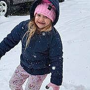 Braylee joined the competition — help win amazing prizes! child, snow, winter_clothing, jacket, hat, gloves, sled, outdoor, snowfall, play, smile, happy, pants, boots, snowy_ground, vehicle, winter, fun, cold_weather, daylight