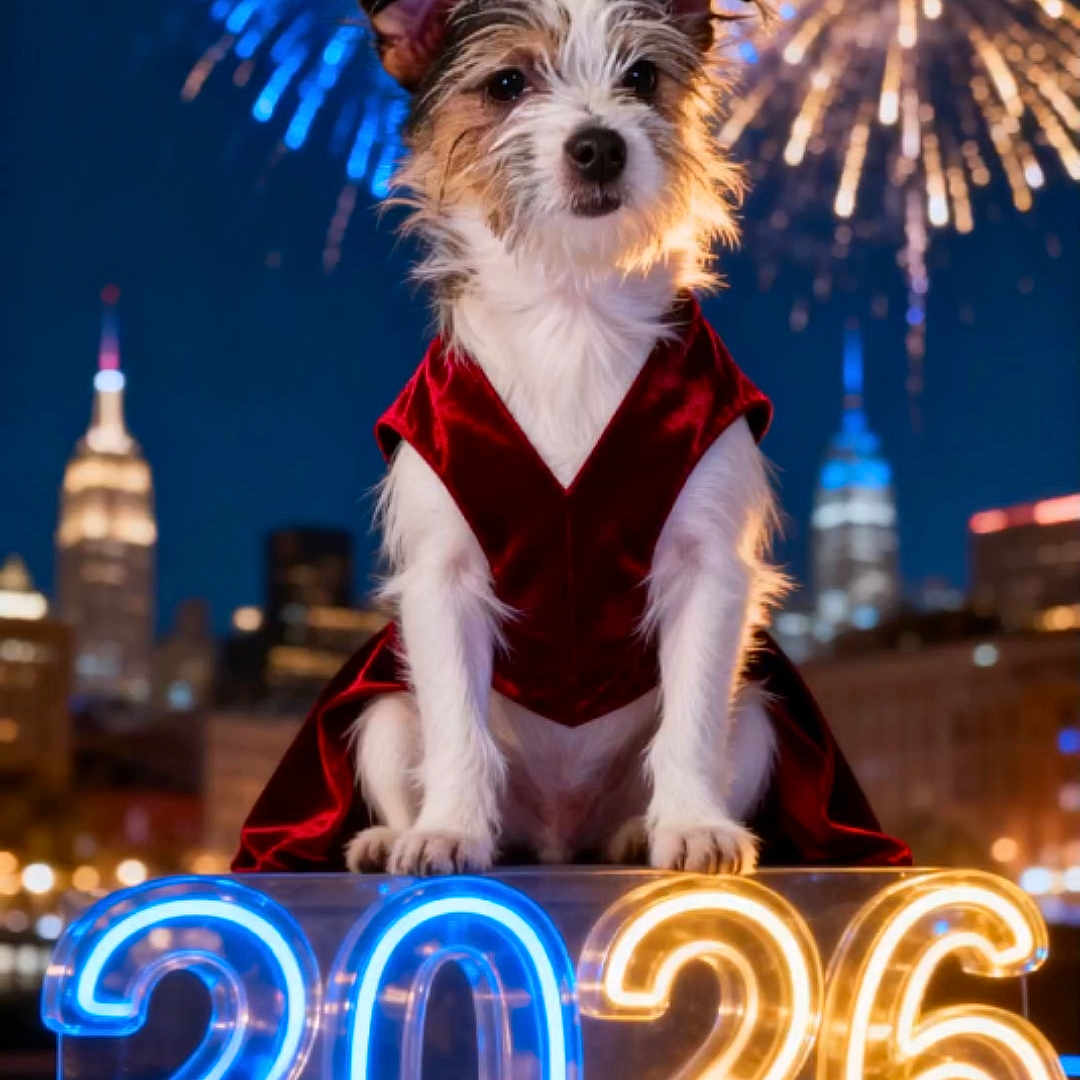 Mickey a rejoint le concours — aidez-le/la à gagner de superbes lots ! 2026, animal, celebration, city, cute, dog, event, festive, fireworks, glow, hand, holiday, light, neon_sign, night, pet, portrait, red_dress, skyline, urban