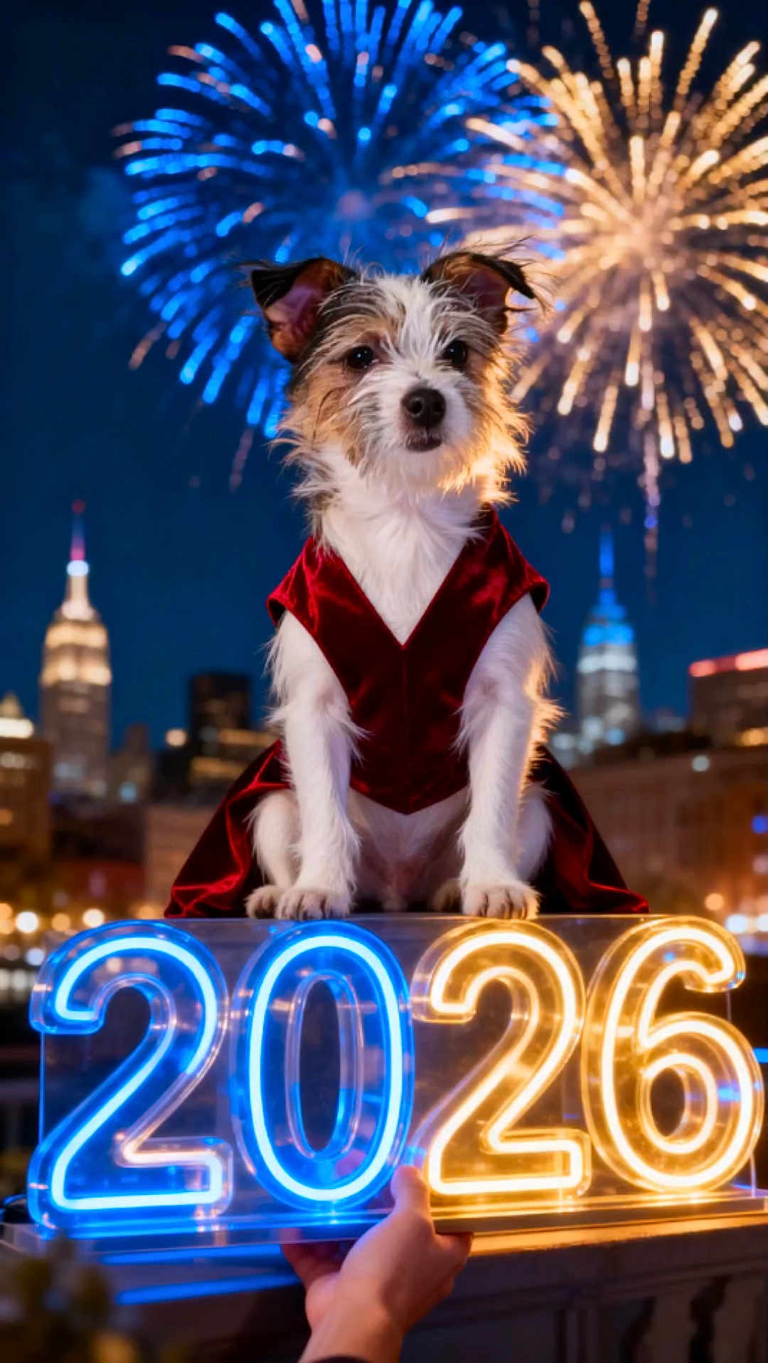 Mickey a rejoint le concours — aidez-le/la à gagner de superbes lots ! dog, red_dress, fireworks, night, city, neon_sign, 2026, celebration, skyline, cute, pet, urban, festive, light, glow, portrait, animal, hand, holiday, event