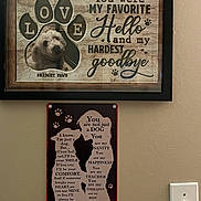 Bridget Fawn is registered to the contest to win money with this photo: dog, pet, animal, portrait, wall_art, framed_picture, decorative_sign, paw_prints, memorial, farewell, sentimental, home_decor, indoor, wall, wood_frame, typography, lettering, light_switch, beige_wall, photograph