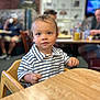 Tyrone is registered to the contest to win money with this photo: blurred_background, casual, child, curious, dining, eyes, face, furniture, hair, high_chair, indoor, people, person, restaurant, seated, smile, striped_shirt, table, toddler, wooden_chair
