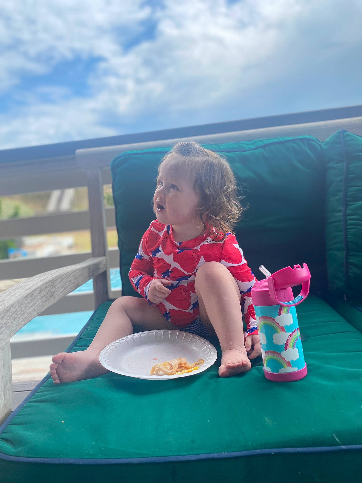 Sawyer is registered to the contest to win money with this photo: baby, baby_toddler_clothing, blue, child, cloud, comfort, fun, grass, green, happy, leisure, person, plate, play, recreation, sitting, sky, table, tableware, toddler