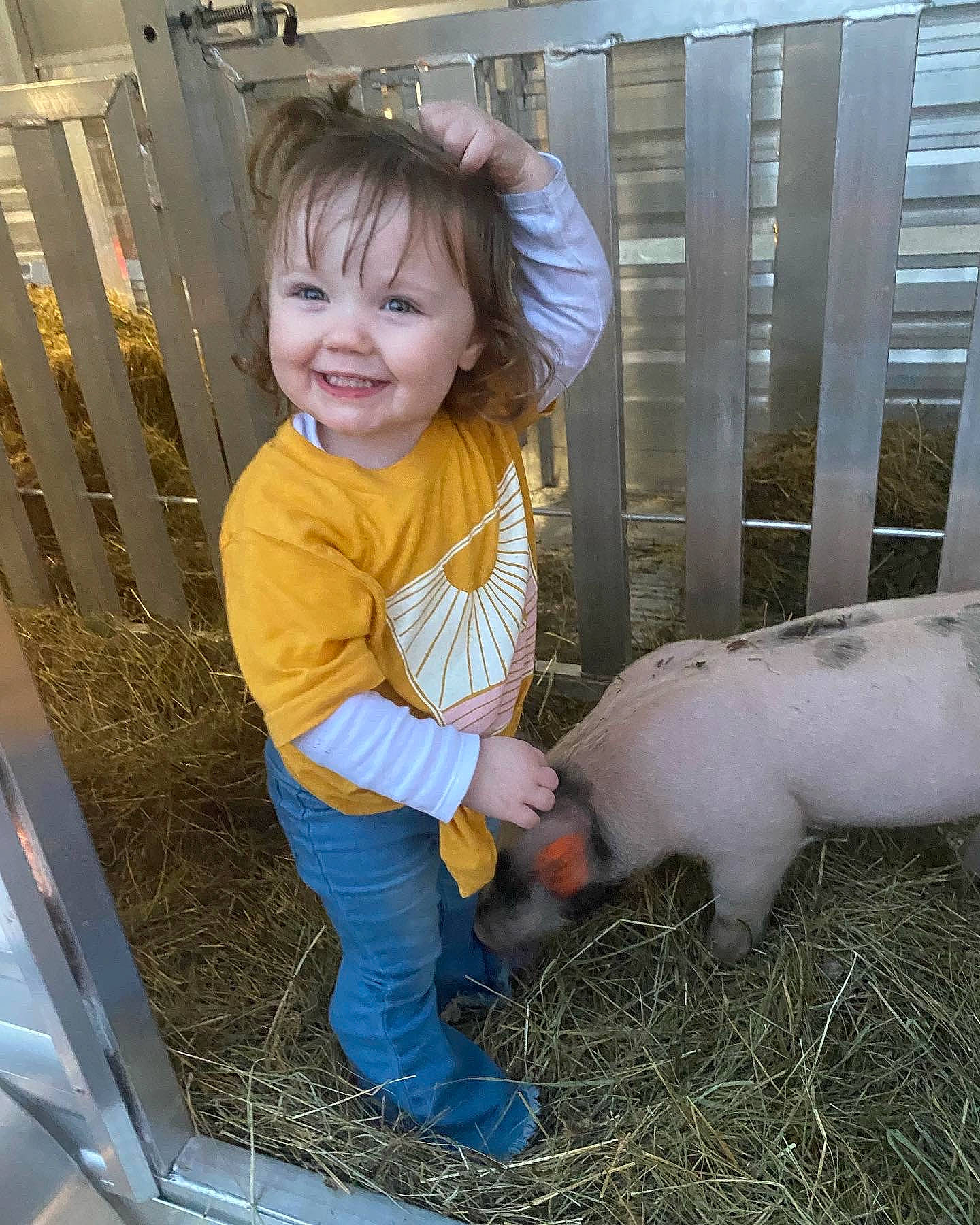 Sawyer is registered to the contest to win money with this photo: baby_toddler_clothing, child, eye, face, fence, fun, grass, hair, hairstyle, happy, head, human_body, joy, leg, livestock, nose, people, person, plant, skin