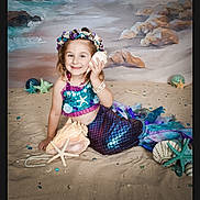 Ellie is registered to the contest to win money with this photo: child, girl, mermaid_costume, seashell, starfish, beach, sand, smile, portrait, costume, jewelry, bracelet, necklace, headband, underwater_theme, ocean_backdrop, playful, happy, pose, photography
