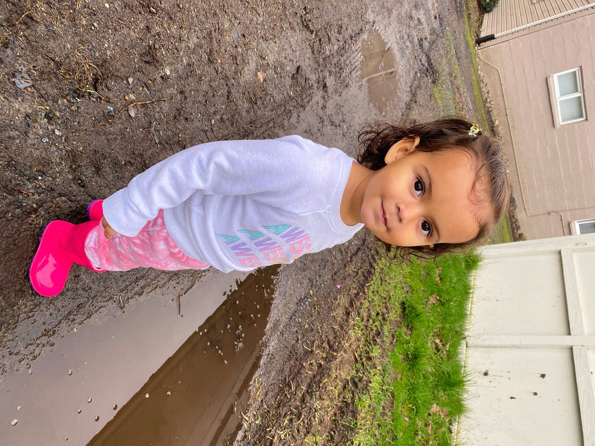 Nalaiyah joined the competition — help win amazing prizes! asphalt, child, clothing, face, fun, grass, happy, house, leisure, people_in_nature, person, pink, plant, road_surface, shadow, sidewalk, soil, toddler, tree, window