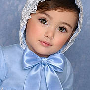 Everleigh is registered to the contest to win money with this photo: child, toddler, portrait, bonnet, lace, satin_bow, blue_dress, ribbon, hazel_eyes, long_eyelashes, rosy_cheeks, soft_skin, face, head, clothing, studio_background, innocence, cute, pose, closeup