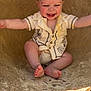 Ronyn is registered to the contest to win money with this photo: baby, child, smiling, shirt, sitting, barefoot, happy, face, arms, legs, seat, outdoor, sunlight, infant, cute, patterned_clothing, expression, skin, head, toes