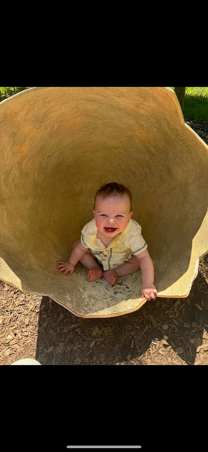 Ronyn joined the competition — help win amazing prizes! baby, child, smiling, outdoor, sunlight, wood_chips, large_bowl, clothing, happy, sitting, cute, face, head, skin, toes, hand, nature, playground, daylight, expression