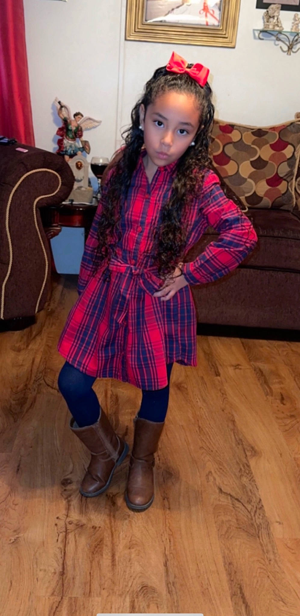 Ivanna is registered to the contest to win money with this photo: fashion_design, fawn, flooring, footwear, formal_wear, fur, human_leg, knee, long_hair, magenta, pattern, person, pink, plaid, shoe, sleeve, sock, tartan, thigh, waist