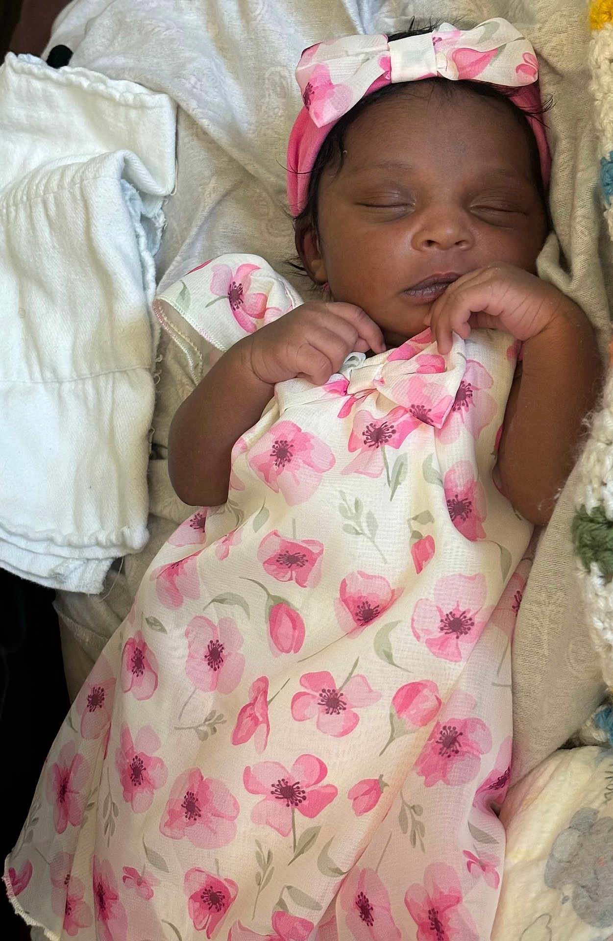 Promyse joined the competition — help win amazing prizes! baby, newborn, infant, sleeping, dress, floral, headband, bow, blanket, bedding, hand, face, eyelashes, skin, portrait, closeup, cozy, pink, soft_texture, peaceful