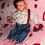 Ivan joined the competition — help win amazing prizes! baby, infant, striped_shirt, red_suspender, denim_pants, pink_blanket, strawberry_pattern, heart_pattern, barefoot, cute, portrait, indoor, child, clothing, person, small_hands, small_feet, sitting, curious, soft_texture