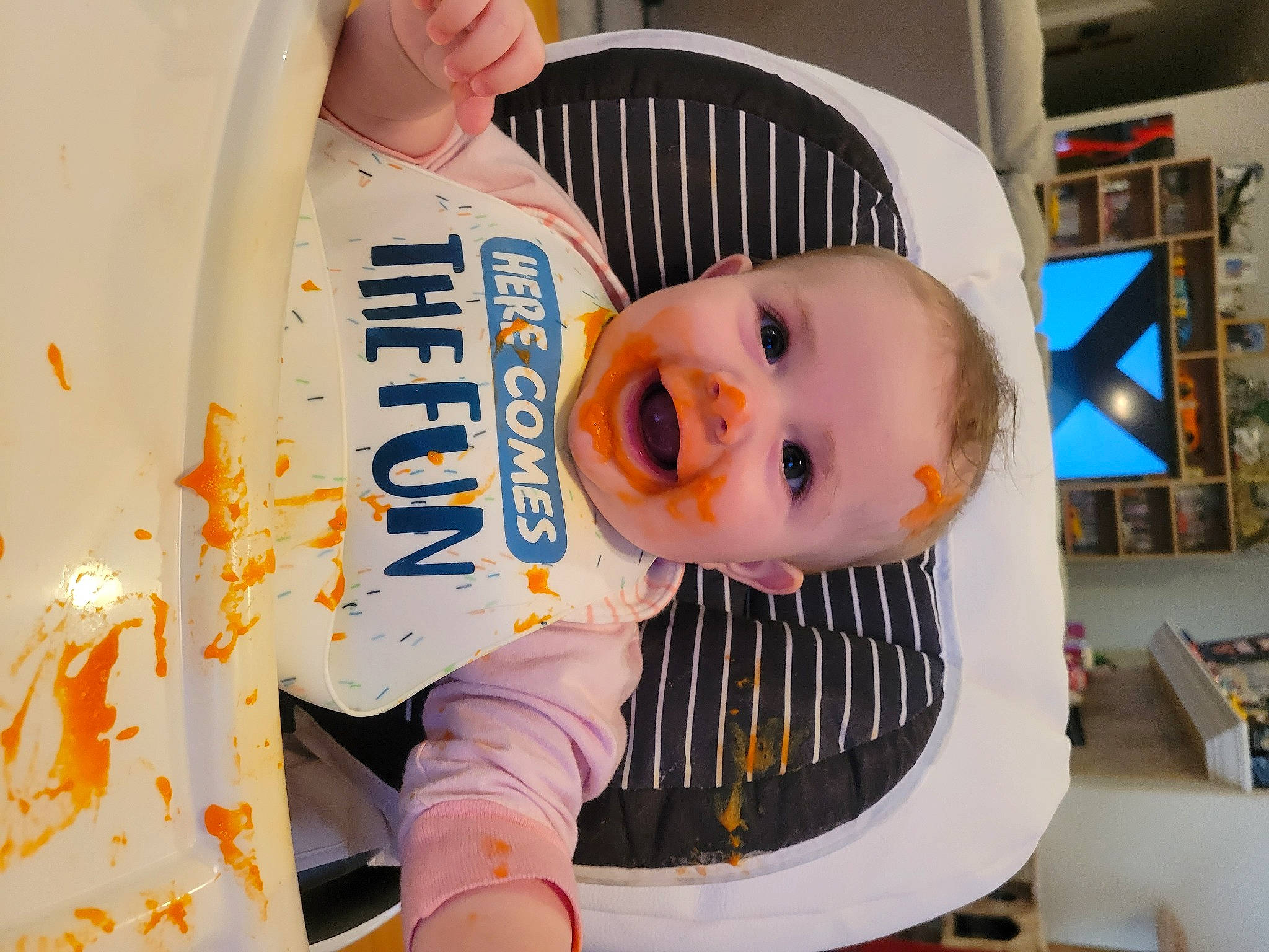 Kendall joined the competition — help win amazing prizes! baby, baby_products, baby_safety, baby_toddler_clothing, chair, cheek, child, eyelash, food, fun, person, shelf, smile, t_shirt, toddler