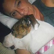 Ethel is registered to the contest to win money with this photo: adult, bed, bedroom, black_borders, cuddle, dog, face, harness, indoors, lying_down, pet, pillow, pink, portrait, sleeping, smiling, snuggling, white_dog, woman, cozy