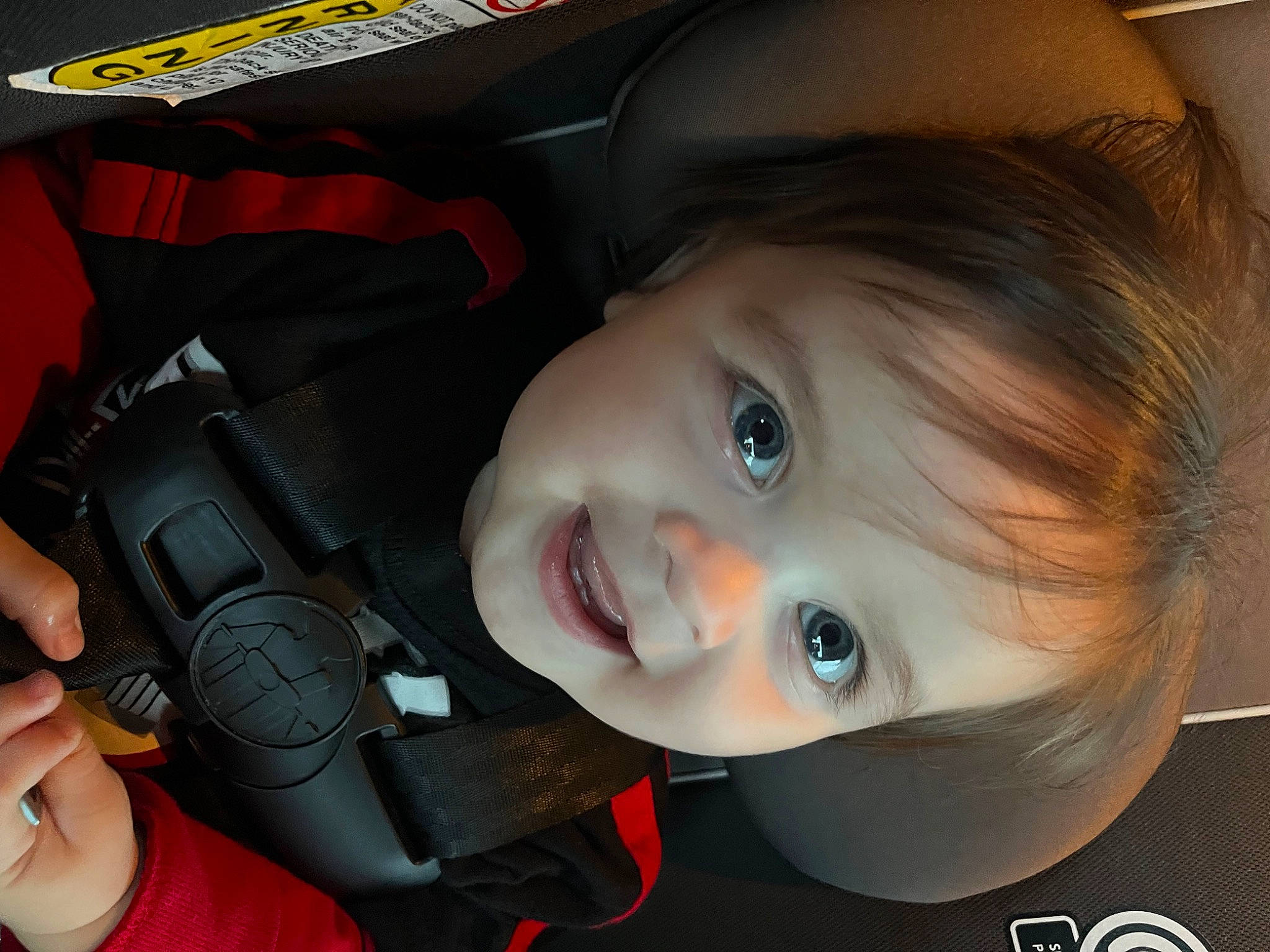 Jaxson is registered to the contest to win money with this photo: audio_equipment, auto_part, baby, cameras_optics, car_seat, cheek, close_up, cool, digital_camera, eyebrow, eyelash, flash_photography, happy, lip, mouth, nose, person, skin, smile, toddler