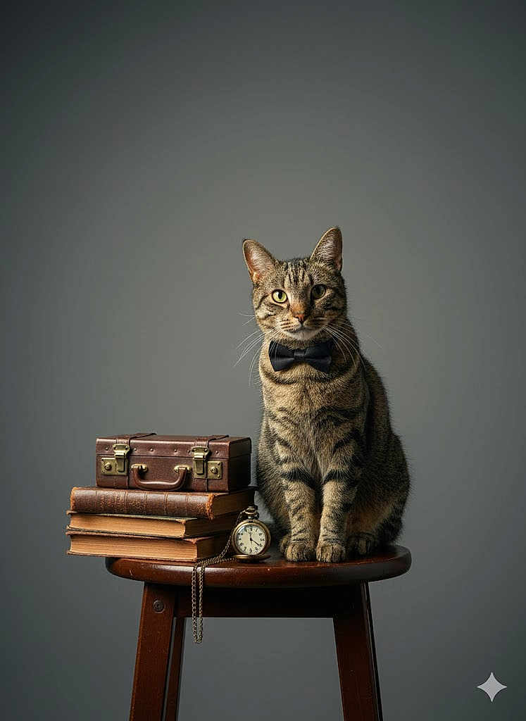 Michu joined the competition — help win amazing prizes! cat, tabby_cat, bow_tie, stool, books, vintage_books, leather_suitcase, pocket_watch, gray_background, striped_fur, pet, feline, portrait, still_life, wooden_stool, indoor, animal, close_up, classic, timeless