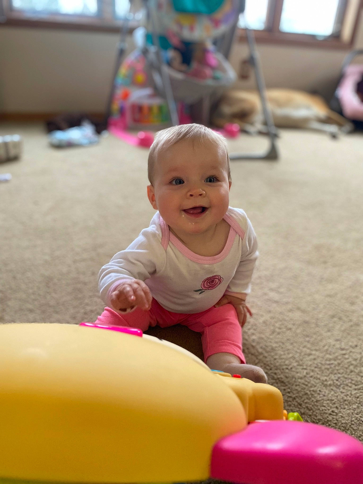 Avayah joined the competition — help win amazing prizes! baby, baby_playing_with_toys, cheek, child, floor, flooring, fun, happy, joy, leisure, magenta, person, pink, play, sitting, skin, smile, snapshot, toddler, white