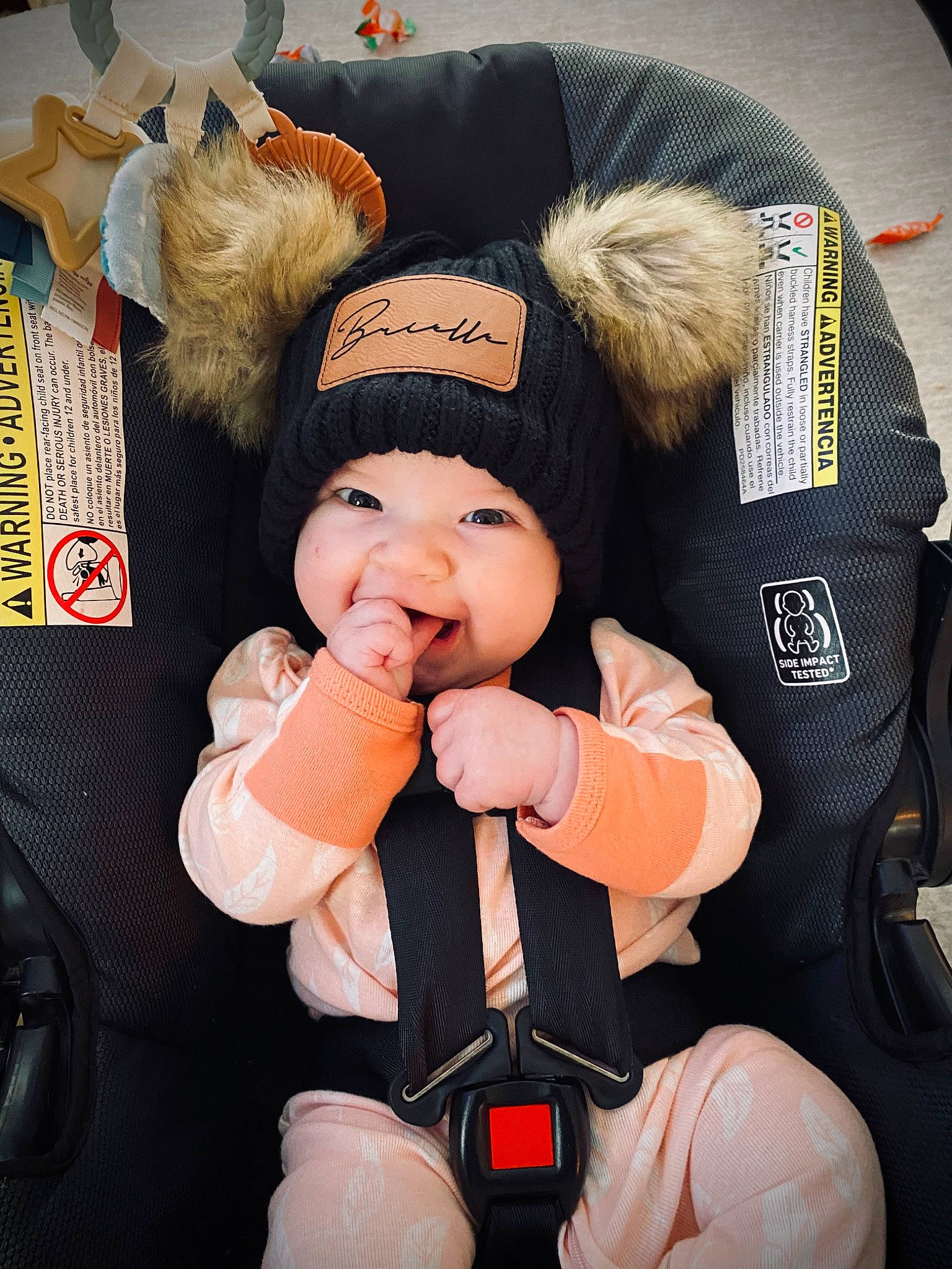 Brielle joined the competition — help win amazing prizes! baby, cap, car_seat, car_seat_cover, child, comfort, fashion_accessory, fun, fur, gesture, glove, happy, headwear, lap, mouth, person, personal_protective_equipment, smile, stuffed_toy, textile