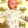 Abel joined the competition — help win amazing prizes! baby, infant, onesie, blanket, pattern, hot_air_balloon, car, bear, cute, lying_down, indoors, child, soft, cozy, sleepwear, young, portrait, curious, face, person