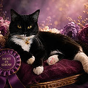 Nova joined the competition — help win amazing prizes! cat, tuxedo_cat, pet, animal, flower, purple, ribbon, award, best_in_show, cushion, plush, relaxing, portrait, yellow_eyes, whiskers, pink_paw, collar, bell, indoor, decor