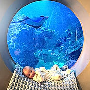 Oscar is registered to the contest to win money with this photo: baby, infant, aquarium, stingray, fish, window, blanket, pajamas, smile, child, underwater, marine_life, circular_window, blue, cozy, relaxing, cute, indoor, nursery, animal