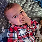 Lysio participe au concours pour gagner de l'argent avec cette photo : baby, infant, child, plaid_shirt, jeans, polka_dot_blanket, chewing_fingers, toy, plush_toy, giraffe_toy, lying_down, cute, playful, indoor, smiling, face, hand, clothing, person, young_child