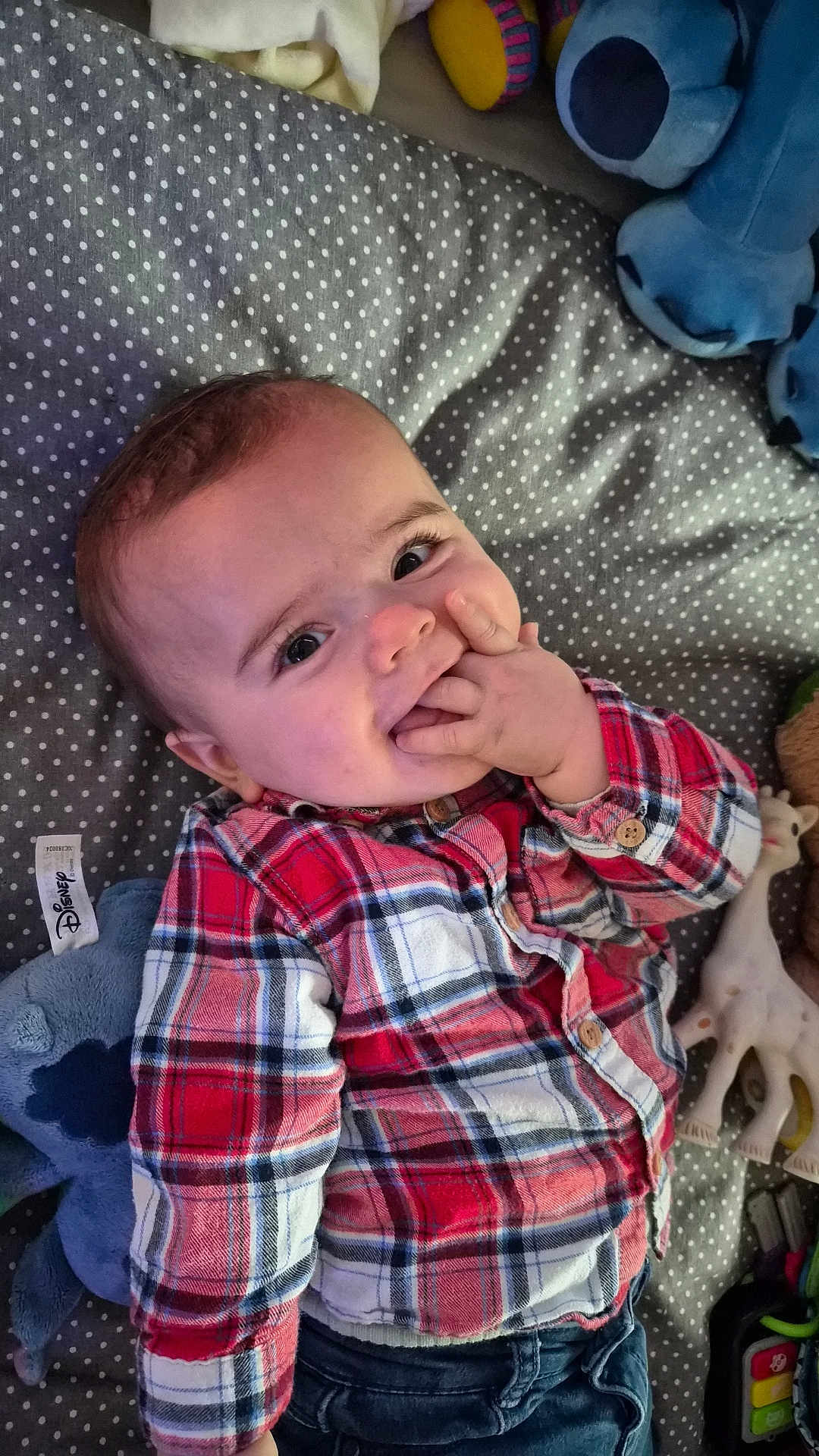 Lysio participe au concours pour gagner de l'argent avec cette photo : baby, infant, child, plaid_shirt, jeans, polka_dot_blanket, chewing_fingers, toy, plush_toy, giraffe_toy, lying_down, cute, playful, indoor, smiling, face, hand, clothing, person, young_child
