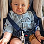 baby, child, car_seat, blue_eyes, smiling, shirt, shorts, safety_harness, indoor, seat_belt, person, infant, cute, happy, hands, legs, fabric, buttons, closeup, comfort
