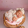 newborn, baby, sleeping, wicker, carriage, pink, headband, bow, blanket, lace, cute, infant, portrait, soft, peaceful, decor, floor, babyclothes, toddler, studio