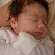 Olivia joined the competition — help win amazing prizes! baby, sleeping, infant, newborn, white_clothing, soft_bedding, close_up, peaceful, cozy, hair, face, child, portrait, relaxing, resting, cute, skin, indoors, young, toddler