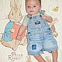 baby, child, denim_overalls, blanket, peter_rabbit, rabbit_illustration, butterfly, infant, cute, lying_down, blue_clothing, shorts, cartoon, bedroom, soft_texture, pattern, portrait, small_person, happy, eyes