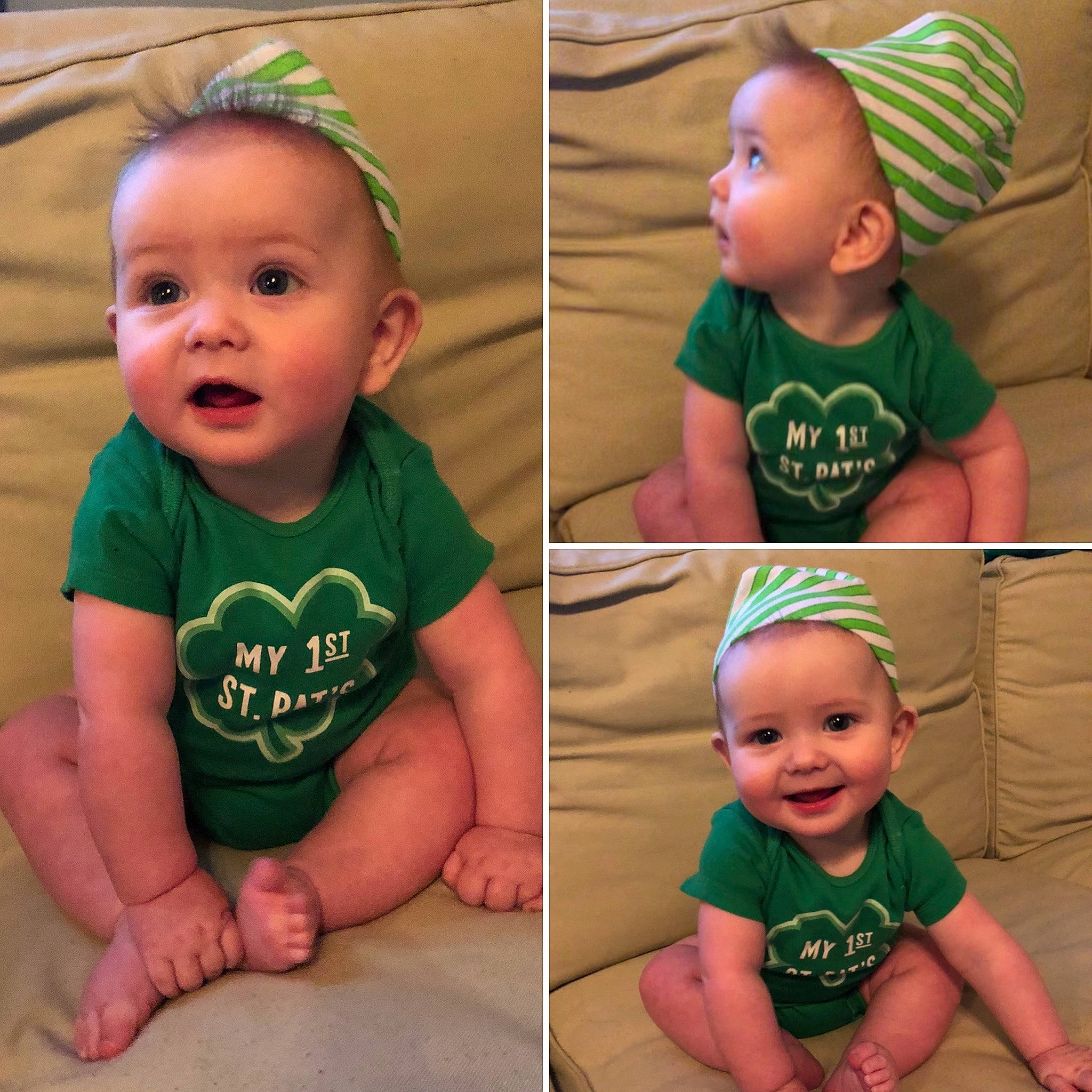 Finnegan is registered to the contest to win money with this photo: arm, baby_toddler_clothing, cheek, chin, clothing, eye, face, facial_expression, green, hairstyle, happy, head, human, joy, neck, nose, outerwear, person, photograph, product