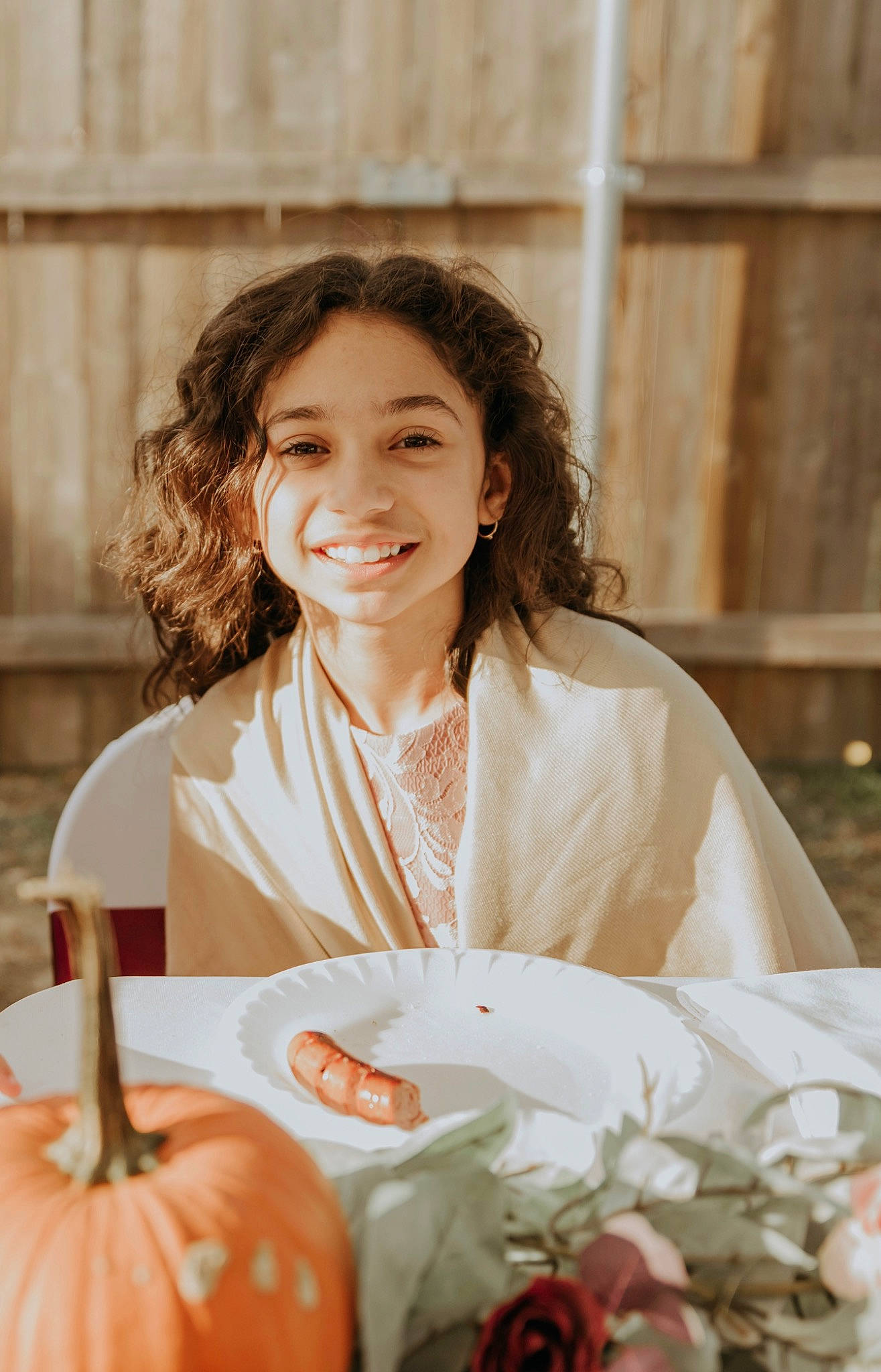 Ariah joined the competition — help win amazing prizes! calabaza, child, cucurbita, dress, event, eye, face, facial_expression, flower_arranging, gourd, happy, head, joy, natural_foods, peach, person, plant, pumpkin, smile, squash