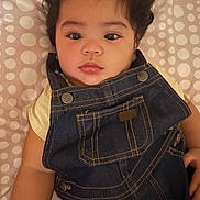 Javier joined the competition — help win amazing prizes! adorable, baby, bed, blanket, casual_clothing, child, close_up, curly_hair, denim, eyes, face, fashion, indoor, infant, looking_at_camera, lying_down, overalls, polka_dot, portrait, yellow_shirt