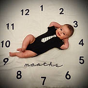 Soren participe au concours pour gagner de l'argent avec cette photo : baby, infant, child, milestone_blanket, numbers, months, clock_layout, onesie, tie_print, smile, lying_down, portrait, vignette, soft_lighting, cute, hands_up, bare_feet, background, nursery, photography