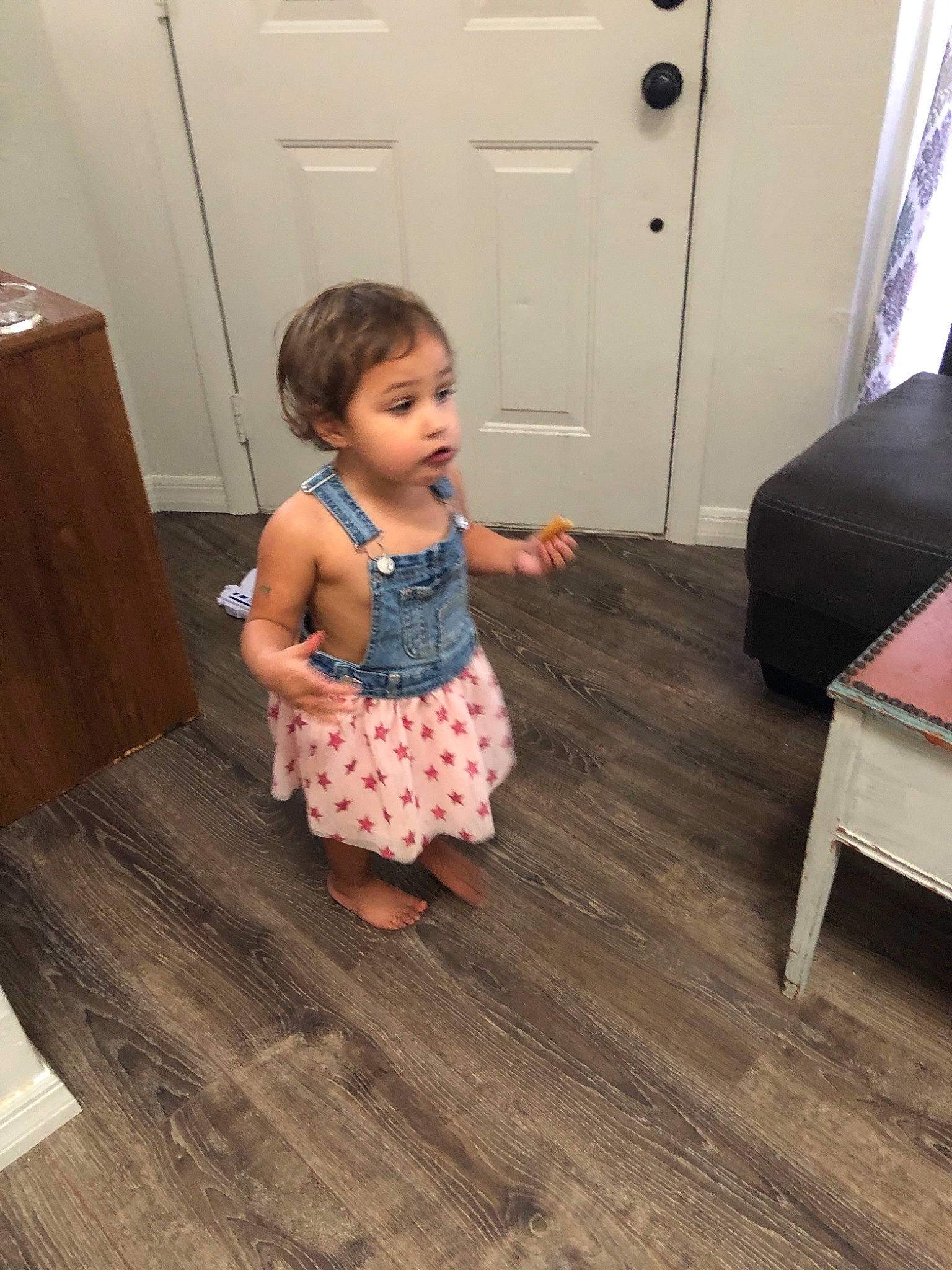 Keylani joined the competition — help win amazing prizes! barefoot, child, design, dress, floor, flooring, hardwood, joint, laminate_flooring, leg, pattern, person, room, shoulder, sitting, skin, standing, toddler, trunk, wood