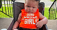 Sawyer joined the competition — help win amazing prizes! baby, casual, chair, child, clothing, expression, face, footwear, furniture, grass, headwear, orange_shirt, outdoor, person, porch, residential_area, street, summer, sunglasses, sunlight