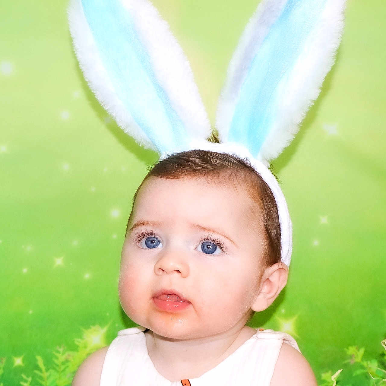 Rome is registered to the contest to win money with this photo: accessories, angel, animal, baby, basket, clothing, face, frown, happy, hare, head, headband, newborn, person, photography, portrait, purple, rodent, sad, smile