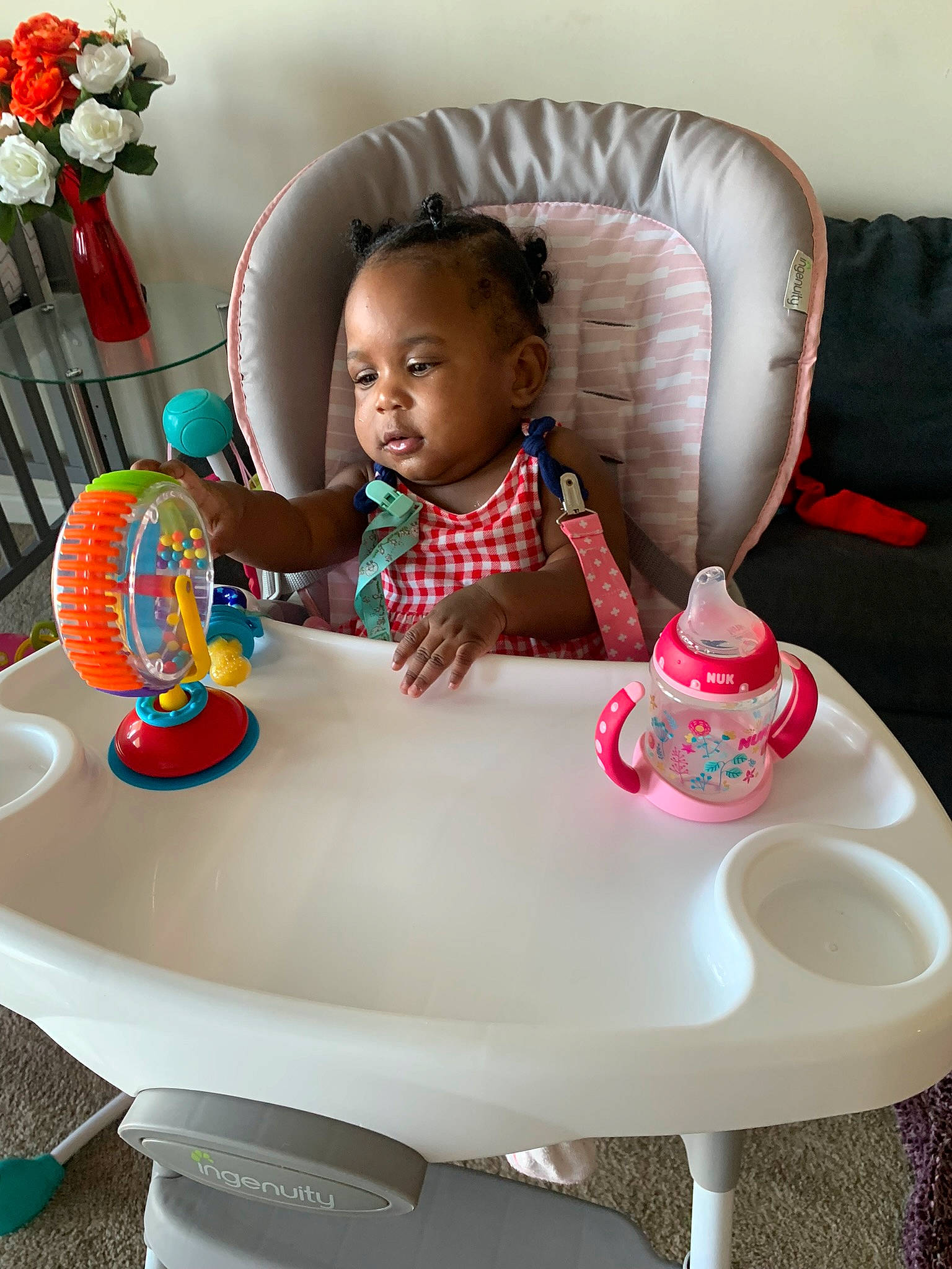 Avah Amore joined the competition — help win amazing prizes! baby, baby_playing_with_toys, baby_products, baby_toddler_clothing, chair, child, coffee_table, comfort, dishware, fun, furniture, person, pink, product, room, serveware, sitting, table, textile, toddler