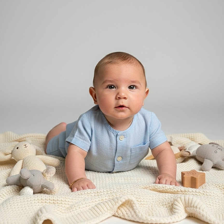 Issaiah Lebron joined the competition — help win amazing prizes! adorable, baby, blanket, blue_clothing, child, curious, cute, face, floor, hand, indoors, infant, knitted, laying_down, plush_toys, portrait, soft_lighting, star_shaped_toy, studio, wooden_toy