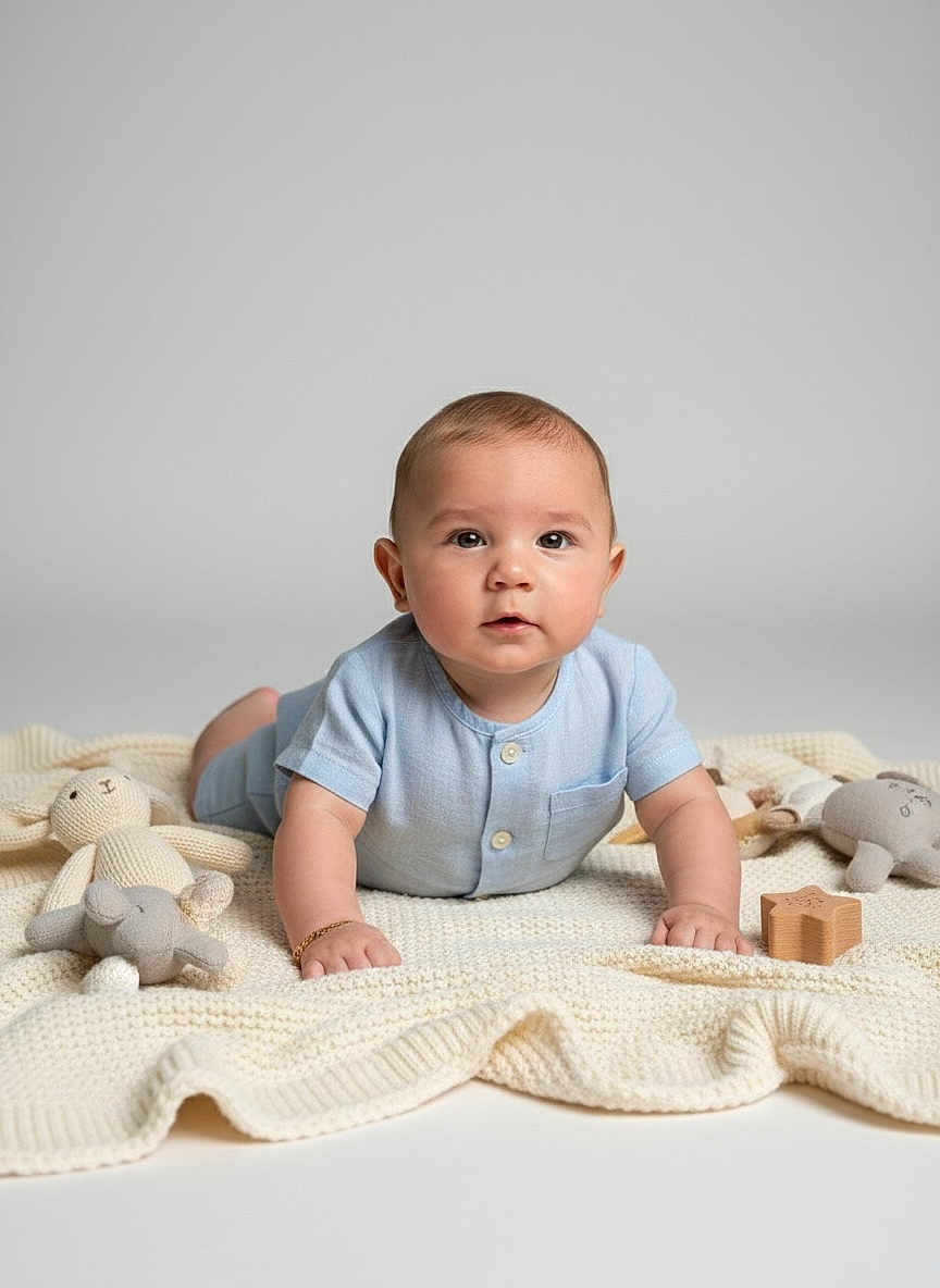 Issaiah Lebron joined the competition — help win amazing prizes! baby, child, infant, blue_clothing, blanket, knitted, plush_toys, wooden_toy, star_shaped_toy, cute, portrait, laying_down, indoors, soft_lighting, adorable, curious, face, hand, floor, studio