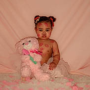 Dream is registered to the contest to win money with this photo: toddler, child, pink, teddy_bear, rose_petals, pigtails, bows, fluffy_rug, kiss_marks, soft_background, plush_toy, portrait, cute, baby, indoor, fabric, flower, sitting, skin, adorable