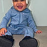 Karmelo is registered to the contest to win money with this photo: baby, child, smiling, helmet, blue_tracksuit, sitting, black_shoes, cushioned_bench, indoor, happy, person, portrait, headgear, clothing, footwear, wall_art, photograph, curly_hair, expression, casual