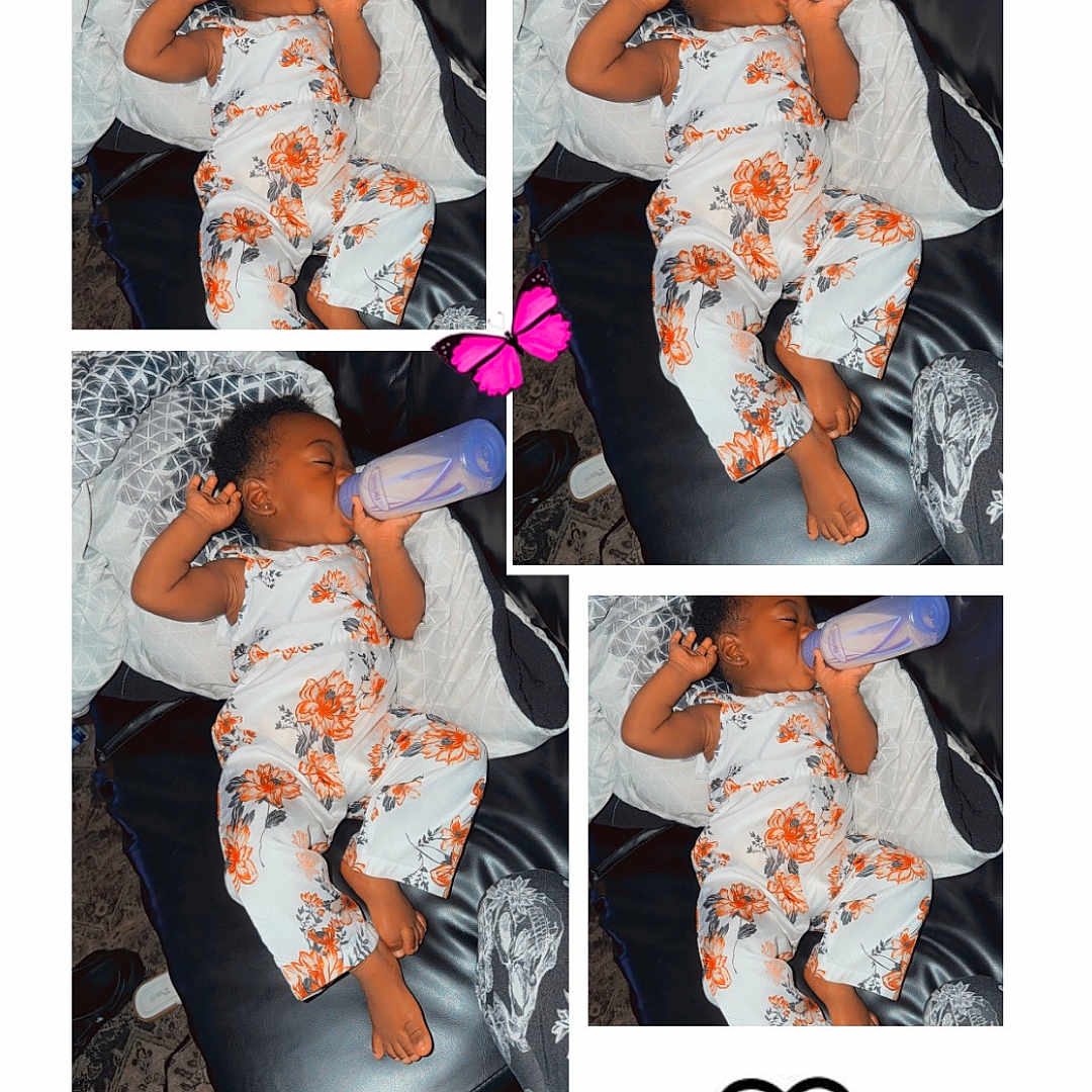 Miracle joined the competition — help win amazing prizes! baby, toddler, bottle, drinking, floral_outfit, sleeping, couch, blanket, black_hair, butterfly, heart, collage, indoor, cute, child, resting, patterned_clothing, multiple_images, relaxing, portrait